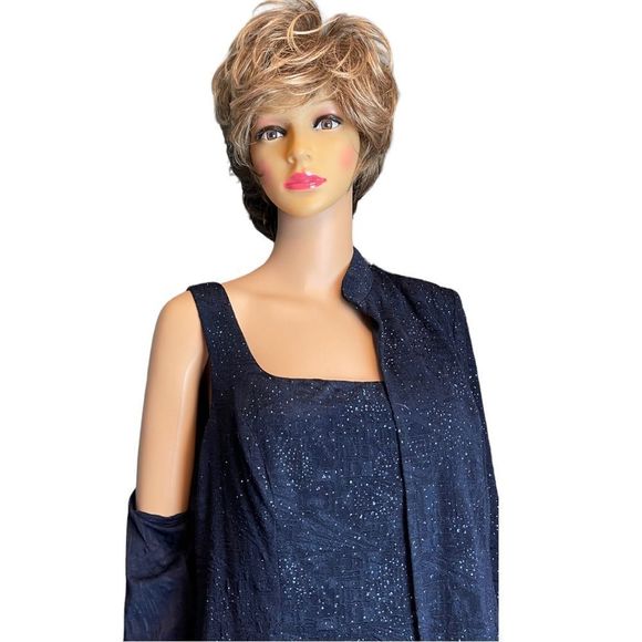 🔥🔥🔥 Alex Evenings 2 Piece Navy Blue Evening Gown Long Mandarin Jacket - Picture 6 of 9